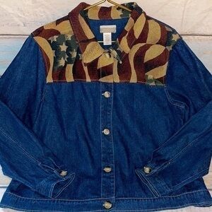 Vtg Coldwater Creek America Tapestry Shacket Denim Embroidered Flag Shirt Jacket